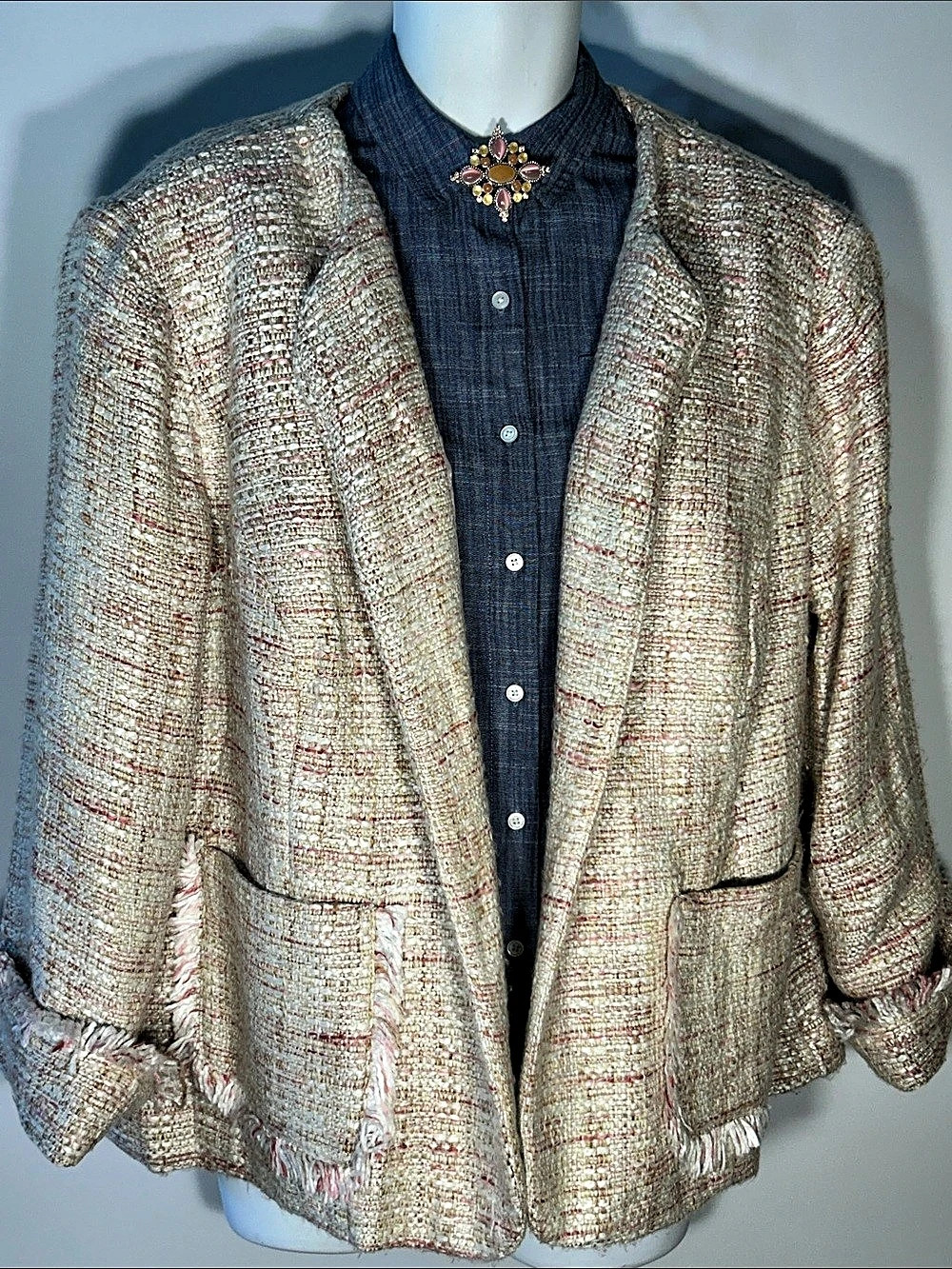 George 26/28 Pink & Cream Tweed Blazer Office Dressy Coquette Preppy Old Money